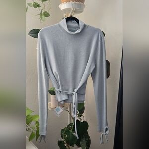 Chic Blue-Gray Ribbed Long Sleeve Top And Skirt Set